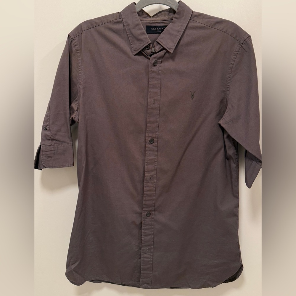 All Saints Men's Charcoal Button Down Half Short Sleeve Shirt